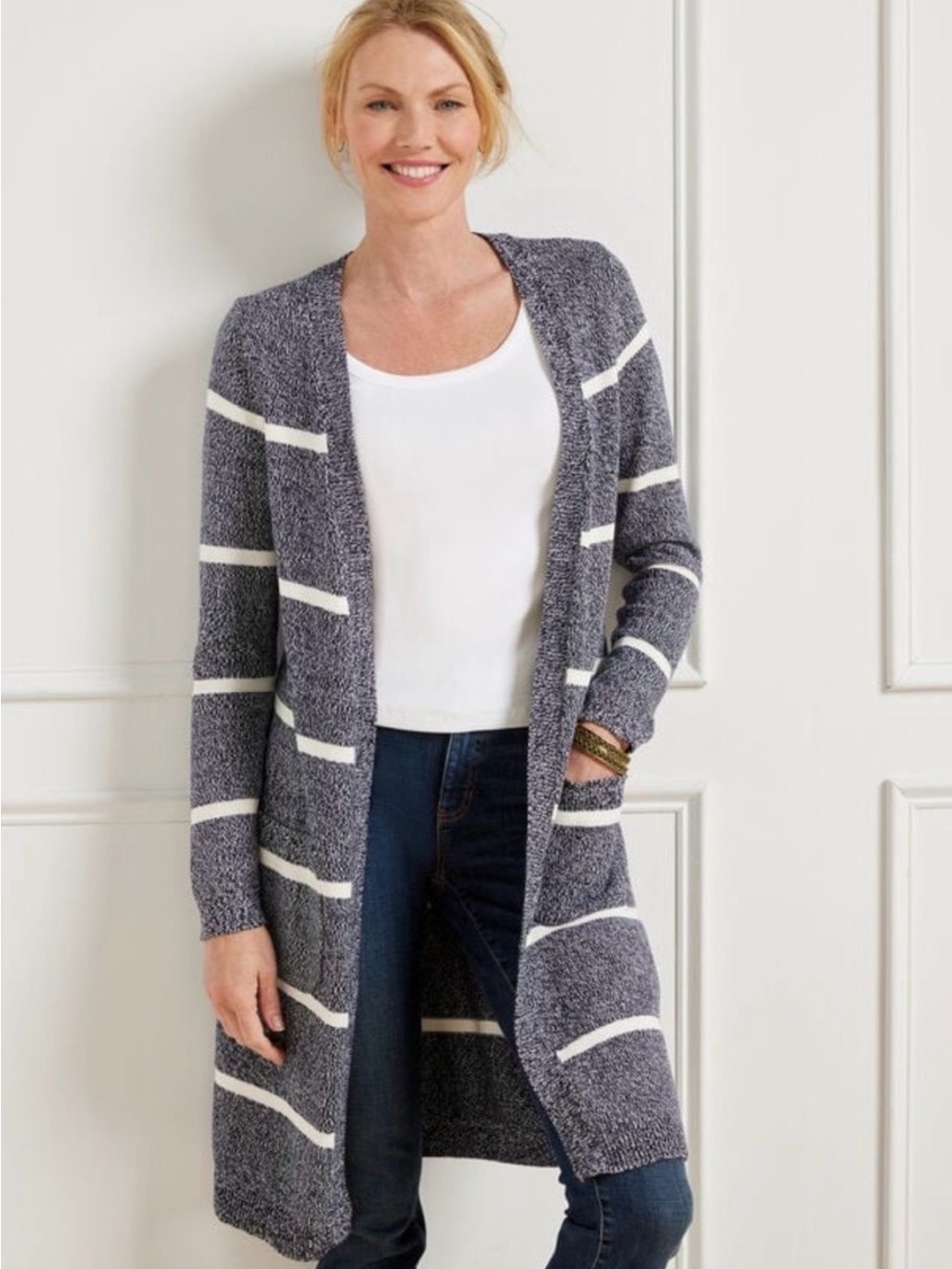 Talbots NWOT Marled Navy White Stripe Longline Duster Cardigan Size Med